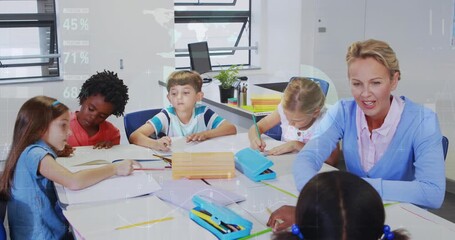 Animation of data processing over caucasian female teacher with diverse schoolchildren - Powered by Adobe