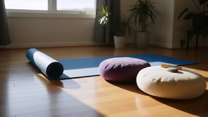 Calm Yoga Space with Blue Mat & Meditation Pillow | Mindfulness Corner with Plant & Candle | Home Wellness Area for Yoga & Zen Practice