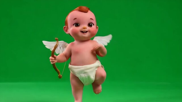 Cute baby cupid figurine with bow and wings on green background