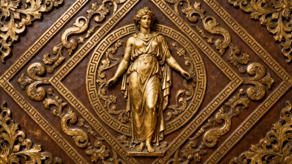 Golden relief sculpture of a classical female figure in ornate decorative frame
