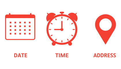 Red neon icons of calendar clock and location pin isolated on transparent background