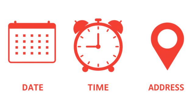 Red neon icons of calendar clock and location pin isolated on transparent background - Powered by Adobe