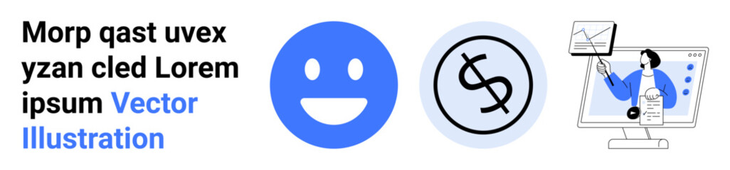 Fototapeta premium Financial planning, online communication, business decisions, economic data, digital marketing, customer analysis. happy face, dollar sign professional analyzing data on a screen. Financial planning