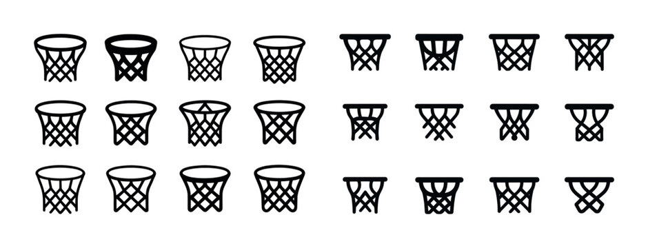 Various black basketball hoop and net icon set