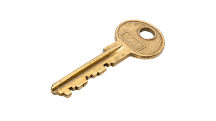The golden key lies on a flat surface against a transparent background.