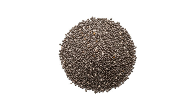 Dark, tiny, oval chia seeds forming a mound on a pristine matte white ceramic plate, flat lay, top-down, soft high-key studio light, sharp focus, concept of healthy eating and wellness