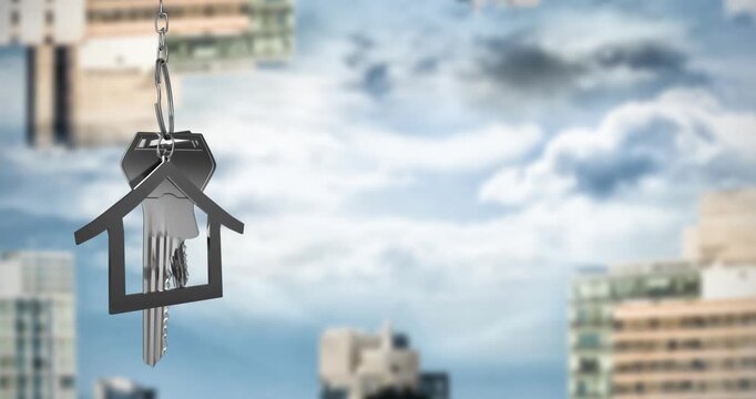 Animation of hanging house keys over inverted tall buildings against blue sky