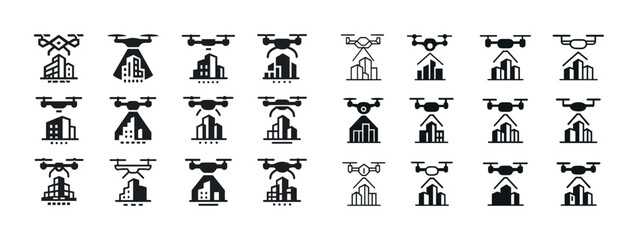Naklejka premium Set of drone and building icons in row grid pattern