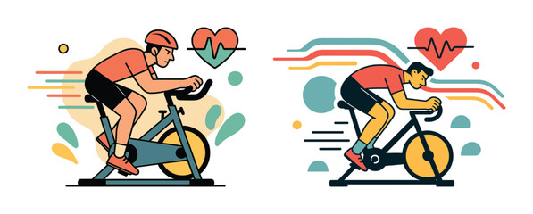 Illustration of male cyclists on stationary bikes with heart rate symbols