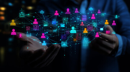 Obraz premium businessman holding a digital social network connection with people icons on a virtual screen