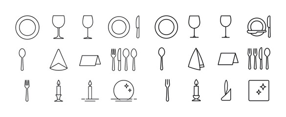 Fototapeta premium Line art dining and tableware icons including plates, glasses, utensils, napkins, candles