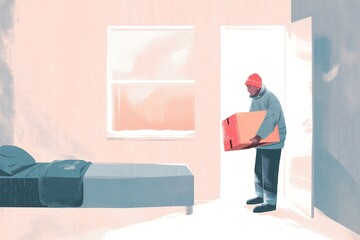 A winter-clad person carries a cardboard box into a simple room, framed by bright doorway light—suggesting arrival, shelter, and a new start.