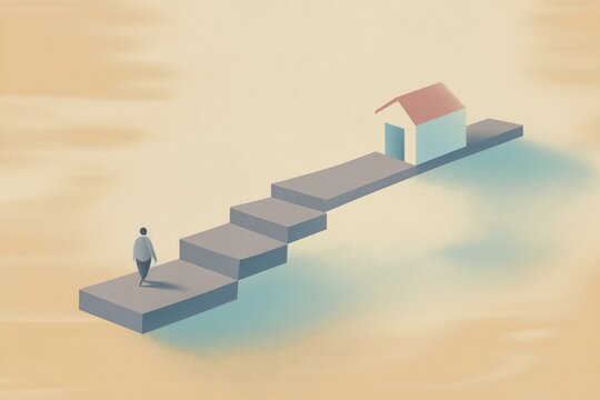 Minimalist editorial illustration of a person walking up abstract steps toward a small house, symbolizing step-by-step progress, housing support, and a path to stability.
