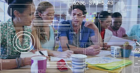 Animation of interface with data processing over diverse colleagues discussing together at office - Powered by Adobe