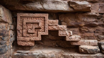 Unique carved stone patterns form a structured flow, showcasing the concept of algorithmic thinking within ancient stone structures.