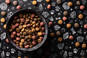 Nourishment from above: a simple view of dog food on slate. Studio portrait. Vivid pet food elegance: a subtle shift in presentation. Fashion beauty. Creative concept.