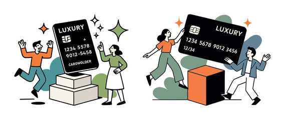 Animated figures with giant credit cards celebrating financial success