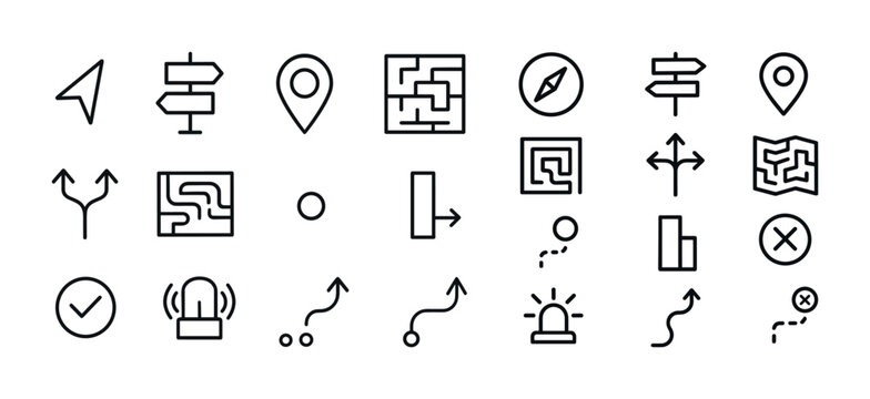 Navigation and direction icons set featuring arrows maps and signs in line style