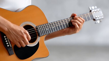Obraz premium Close-Up of Hands Playing Acoustic Guitar in Photorealistic Style
