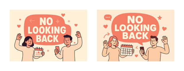 No looking back: young caucasian adults with calendar and smartphones in inspirational message