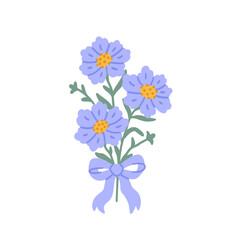 Obraz premium Spring or summer bouquet of flower decorated with purple bowknot. Beautiful floral bunch with blooms, leaves