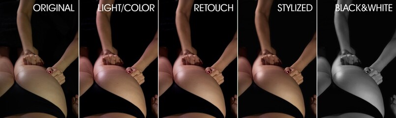 Perfect woman body messaging before and after retouching by photo editors. Collage set of retouch...