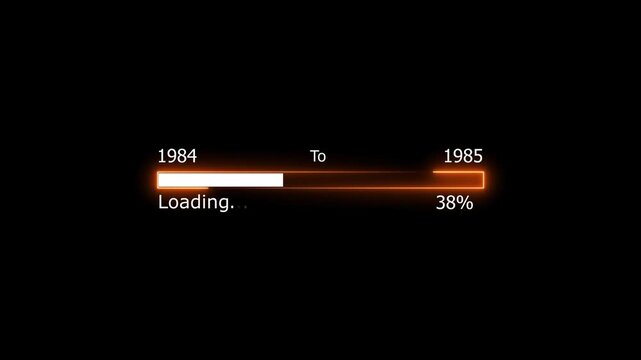 Loading 100 percent complete progress bar digital interface technology modern design white color animation. New year 1984 to 1985 loading animation. Neon bright rectangle frame black background.