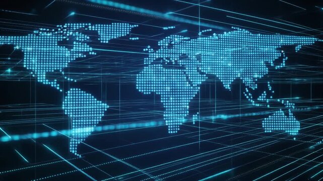 Stylized digital world map with glowing lines and dots