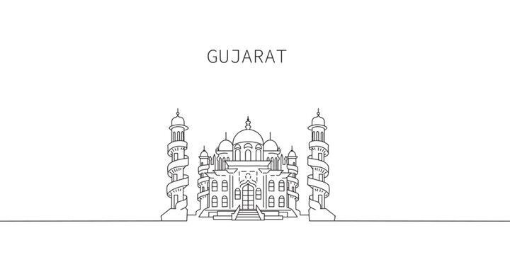 Clean line art vector illustration of Mohabbat Maqbara Palace in Junagadh, Gujarat, India. Minimal architectural drawing suitable for travel presentations, educational materials, cultural projects