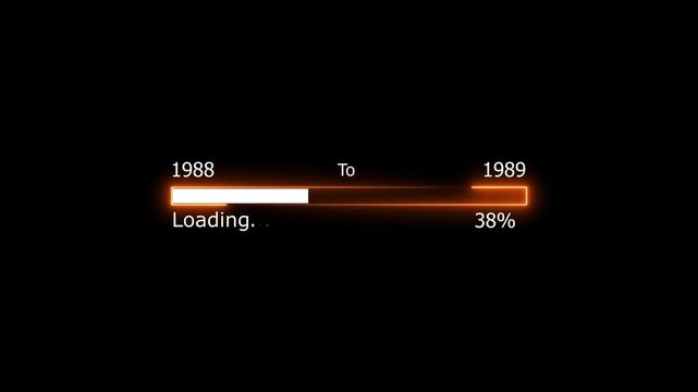 Loading 100 percent complete progress bar digital interface technology modern design white color animation. New year 1988 to 1989 loading animation. Neon bright rectangle frame black background.