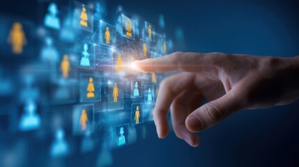 The hand selecting a digital profile on a futuristic virtual networking interface