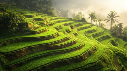 hillside. Terraced hillside with green plants in neat rows under misty morning light. lifestyle magazines, social media lookbooks, designed for lifestyle magazines and social media content.