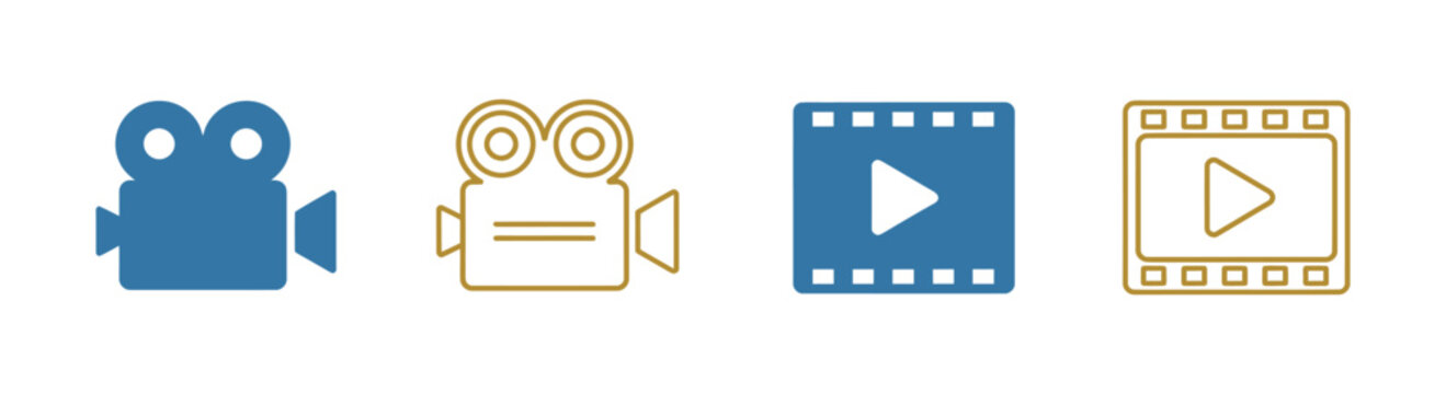 Video and film shooting icon set, camera, clapboard & film symbols for app, website, design element on transparent background 