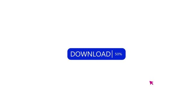 Downloading button with arrow cursor icon template animation on white background, Mouse pointer downloading concept from 0 to 100 Percentage on royal blue rectangle.
