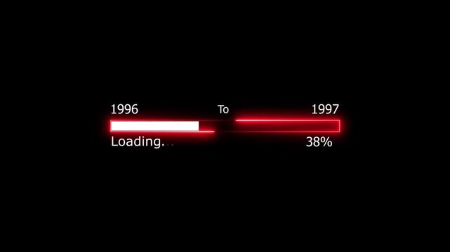 Loading 100 percent complete progress bar digital interface technology modern design white color animation. New year 1996 to 1997 loading animation. Neon bright rectangle frame black background.