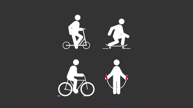 Outdoor hobbies stick men white glyphs animation set. Bike riding, skipping workout. Healthcare training. Simple human silhouettes dynamic movement. Solid pictogram symbols HD video