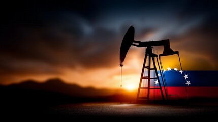 The silhouette of an oil pump jack stands tall against a brilliant sunset, casting long shadows over the ground