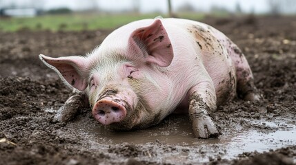 grunting. A pink pig playing in a muddy puddle, covered in mud droplets. wildlife magazines, conservation campaigns, designed for eco-tourism storytelling, used by it administrators.
