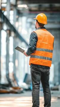 Male construction supervisor in safety gear monitors ongoing work at a contemporary construction site, holding a clipboard. Industrial background highlights engineering and teamwork