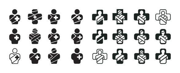 Medical symbol icons: diverse cross and bandage designs in black and white