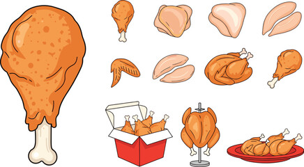 Comprehensive poultry and fried chicken vector set featuring flat illustrations of drumsticks, wings, breasts, whole rotisserie chicken, and crispy take-out boxes. © Galib