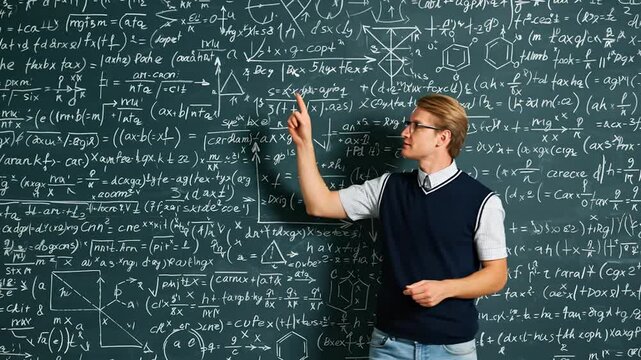 A confident young male teacher in glasses points to complex mathematical formulas and equations written on a chalkboard in a classroom setting