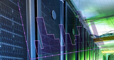 Animation of dots and lines forming graph over data server room - Powered by Adobe