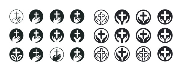 Set of religious symbols featuring cross and hands in black and white icons