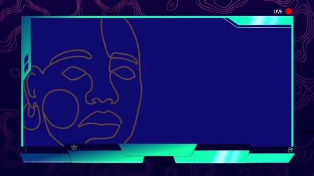 Animation of illustrative face of human in on live screen against black background