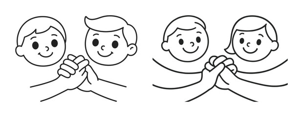Two cartoon children arm wrestling - grinning boys competition line drawing