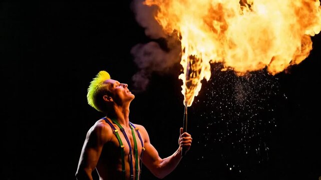 A daring performer breathes a spectacular plume of fire, illuminated by the intense flames against a dark background, showcasing a thrilling spectacle