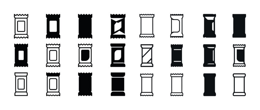 Various snack bar packaging outlines and silhouettes on white background