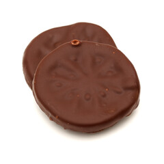 Candied Orange slices in dark chocolate isolated on white background 