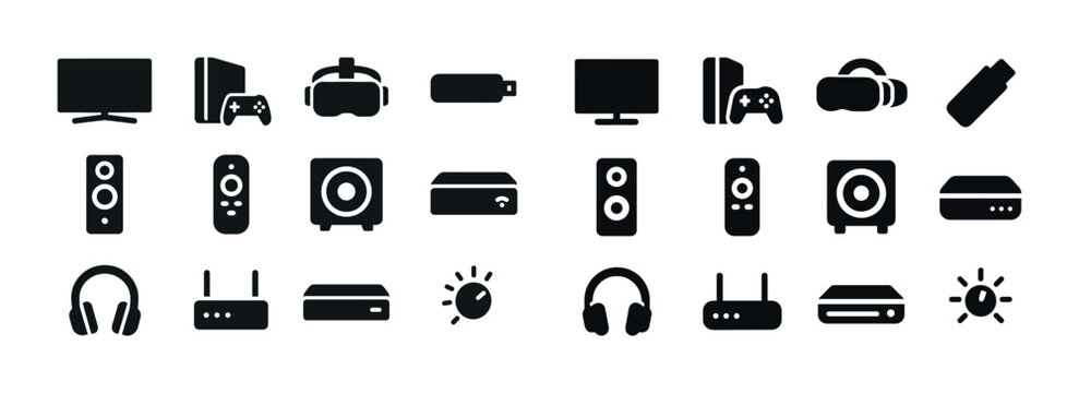 Set of black electronic device icons including tv, headphones, game console, and router